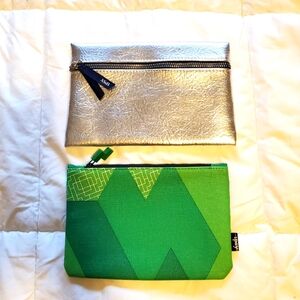 Set of 2 Ipsy cosmetic bags  silver glam and green tetris